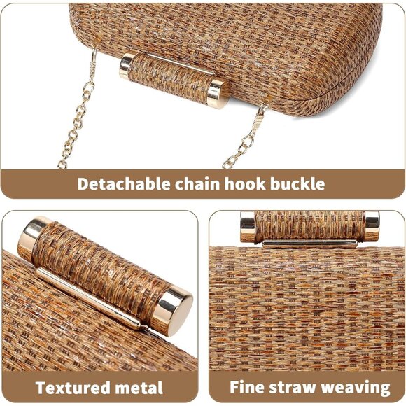 Brown Straw Clutch Purse Women's Hand-Woven Wicker Evening Bag for Summer Weddin - Picture 7 of 7